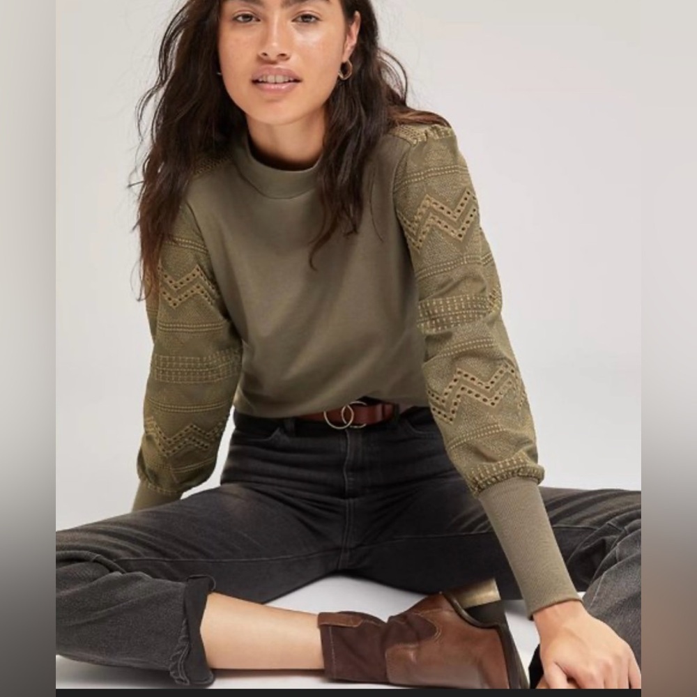 Tiny Helen Lace Mock Neck Top Small Moss Green Embroidered Anthropologie